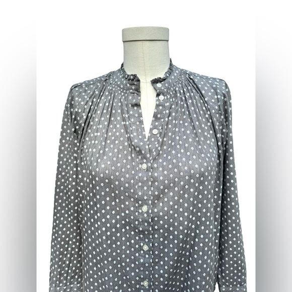 NWT LOFT Petite Small Dotted Ruffle Collar Long Sleeve Button Down Blouse, gray - Picture 6 of 14